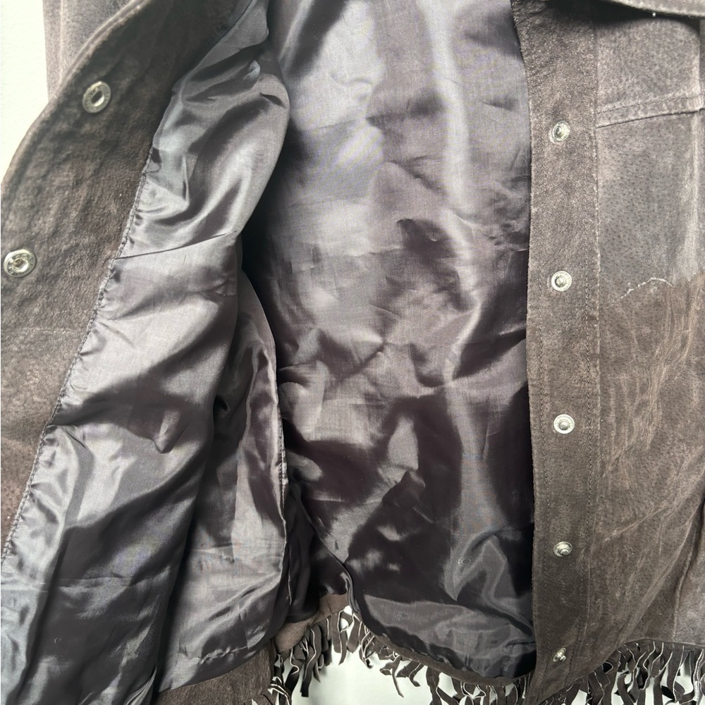 Western Leather brown  fringe snap jacket boho Stagecoach cowboy festival - Picture 4 of 16